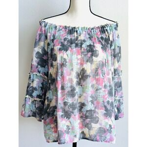 ZAC & RACHEL Womens L Gray Floral Watercolor Off-Shoulder Top Tiered 3/4 Sleeves